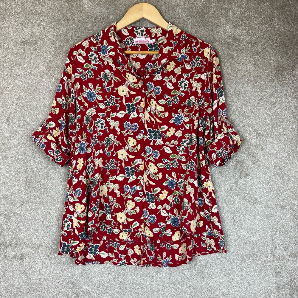 Pink Wheels Shirt Womens Medium Floral Rayon Crepe Roll Tab Sleeve Pocket- 3664